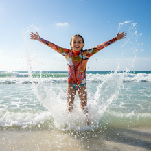 Load image into Gallery viewer, Circle in the Sand Girls Rash Guard Whimsy Fit UPF 50+ Long Sleeve Swim Shirt Ocean waves action shot