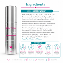 Load image into Gallery viewer, Ingredients and key benefits information for the Ann Webb Clear Skin Serum, featuring a silver and black bottle on the left, a full ingredient list, and icons highlighting key active ingredients.