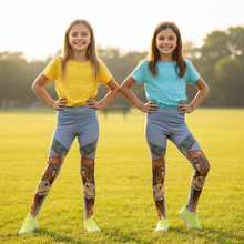 Load image into Gallery viewer, Girls Blue Longhorn Leggings Whimsy Fit Two girls wearing Longhorns leggings