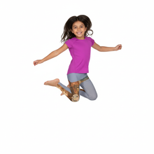 Load image into Gallery viewer, Girls Leggings Blue Longhorn Leggings Whimsy Fit Two toddler girls playing in light blue LongHorn leggings Whimsy Fit Girl jumping in light blue Horns leggings