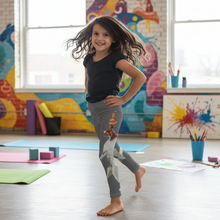 Load image into Gallery viewer, Grey Dexter Girls Leggings Grey dexter-leggings-Whimsy Fit Dog Walking Leggings Mother and Daughter Matching Dexter Leggings Girl in Grey Leggings Girl Spining