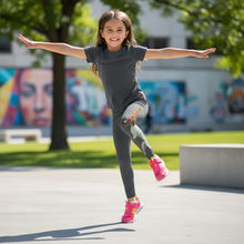 Load image into Gallery viewer, Grey Girls dexter-leggings-Whimsy Fit Dog Walking Leggings Mother and Daughter Matching Dexter Leggings Girl one leg up