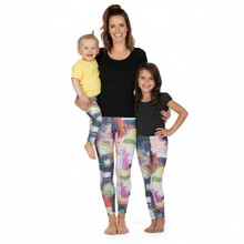 Load image into Gallery viewer, Kris_Kros Whimsy Fit Geometric_Print_Toddler_Pants Toddler Standing in Kris Kros Leggings Mom with Two Children Matching Kris Kros Leggings
