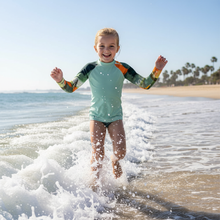 Load image into Gallery viewer, Kids BLue Green Abstract Print Rash Guards Whimsy FIt Mix and Match “Sink or Swim” Matching Mom Child Jumping Over Wave