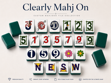 Load image into Gallery viewer, A promotional graphic for a custom mahjong tile collection, showing multiple white tiles with green borders and various symbols arranged on a light background, with the text 'Clearly Mahj On' at the top and feature icons at the bottom.
