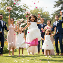 Load image into Gallery viewer, Pink Flower Girl Leggings 8-20 Whimsy FitPink Flower Girl Leggings 8-20 Whimsy Fit Left Side Girl celebrating with wedding party