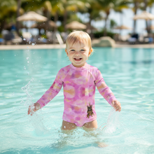 Load image into Gallery viewer, Girls Pink Rash Guard Swim Shirt Dog Print Whimsy Fit “Party Dog” Playing in water