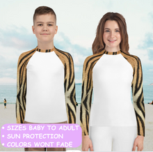 Load image into Gallery viewer, Kids Rash Guard Tiger Print Whimsy Fit UPF 50+ Long Sleeve Swim Shirt