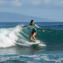 Load image into Gallery viewer, Women's Rash Guard Texas Tea Whimsy Fit UPF 50+ Long Sleeve Swim Shirt Surfing action shot