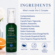 Load image into Gallery viewer, Ann Webb Vita-C Complex skincare bottle on a white background with ingredient text and icons. The bottle is dark green with a white pump, and the right side lists ingredients such as vitamin C complex, citruses, and peels, with Made in USA, Cruelty-Free, and free from parabens & phthalates badges at the bottom.