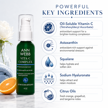 Load image into Gallery viewer, Ann Webb Vita-C Complex skincare serum bottle shown next to a 'Powerful Key Ingredients' infographic on a white background.