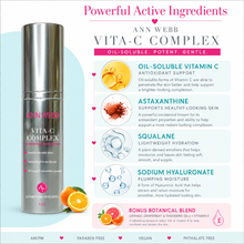 Load image into Gallery viewer, Ann Webb Vita-C Complex skincare bottle on a white and light blue infographic background with ingredient callouts and text about vitamin C, astaxanthine, squalane, and sodium hyaluronic acid.