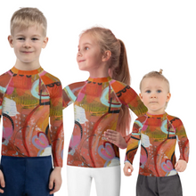 Load image into Gallery viewer, Kids Orange Red Abstract Print Rash Guards Whimsy FIt Mix and Match “Circles in the Sand” Matching Mom