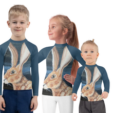 Load image into Gallery viewer, Kids Jack Rabbit Print Blue Rash Guard Whimsy Fit Bunny Mix and Match Matching Mom