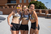 Load image into Gallery viewer, Black, White & Gold Sports Bra - Whimsy Fit Workout Wear