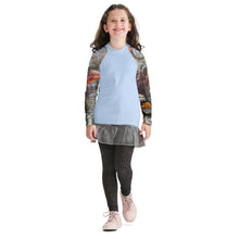 Load image into Gallery viewer, Youth Girls LIght BLue Rash Guard Swim Shirt with Abstract print “Crazy Town” Sleeves Whimsy Fit Mix and Match Matching Mom