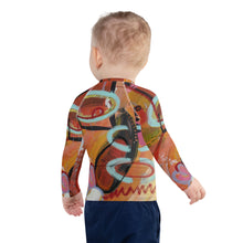 Load image into Gallery viewer, Kids Orange Red Abstract Print Rash Guards Whimsy FIt Mix and Match “Circles in the Sand” Matching Mom