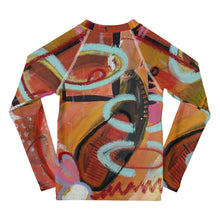 Load image into Gallery viewer, Kids Orange Red Abstract Print Rash Guards Whimsy FIt Mix and Match “Circles in the Sand” Matching Mom