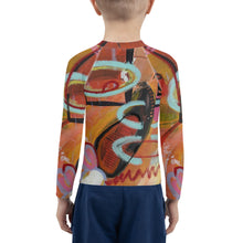 Load image into Gallery viewer, Kids Orange Red Abstract Print Rash Guards Whimsy FIt Mix and Match “Circles in the Sand” Matching Mom