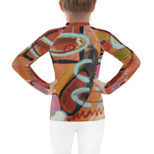 Load image into Gallery viewer, Kids Orange Red Abstract Print Rash Guards Whimsy FIt Mix and Match “Circles in the Sand” Matching Mom