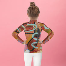 Load image into Gallery viewer, Kids Orange Red Abstract Print Rash Guards Whimsy FIt Mix and Match “Circles in the Sand” Matching Mom