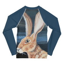 Load image into Gallery viewer, Kids Jack Rabbit Print Blue Rash Guard Whimsy Fit Bunny Mix and Match Matching Mom