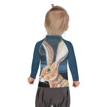 Load image into Gallery viewer, Kids Jack Rabbit Print Blue Rash Guard Whimsy Fit Bunny Mix and Match Matching Mom
