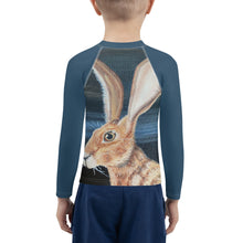 Load image into Gallery viewer, Kids Jack Rabbit Print Blue Rash Guard Whimsy Fit Bunny Mix and Match Matching Mom