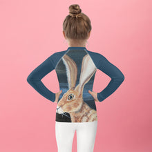Load image into Gallery viewer, Kids Jack Rabbit Print Blue Rash Guard Whimsy Fit Bunny Mix and Match Matching Mom