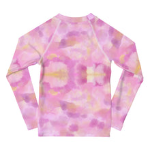 Load image into Gallery viewer, Girls Pink Rash Guard SPF Swim Shirt Dog Print Whimsy Fit “Party Dog”