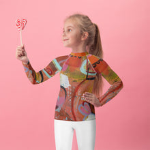 Load image into Gallery viewer, Kids Orange Red Abstract Print Rash Guards Whimsy FIt Mix and Match “Circles in the Sand” Matching Mom