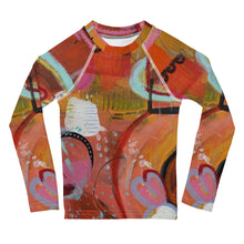 Load image into Gallery viewer, Kids Orange Red Abstract Print Rash Guards Whimsy FIt Mix and Match “Circles in the Sand” Matching Mom