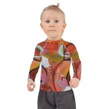 Load image into Gallery viewer, Kids Orange Red Abstract Print Rash Guards Whimsy FIt Mix and Match “Circles in the Sand” Matching Mom