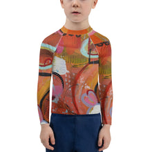 Load image into Gallery viewer, Kids Orange Red Abstract Print Rash Guards Whimsy FIt Mix and Match “Circles in the Sand” Matching Mom