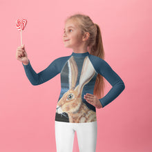 Load image into Gallery viewer, Kids Jack Rabbit Print Blue Rash Guard Whimsy Fit Bunny Mix and Match Matching Mom
