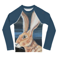 Load image into Gallery viewer, Kids Jack Rabbit Print Blue Rash Guard Whimsy Fit Bunny Mix and Match Matching Mom