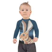 Load image into Gallery viewer, Kids Jack Rabbit Print Blue Rash Guard Whimsy Fit Bunny Mix and Match Matching Mom