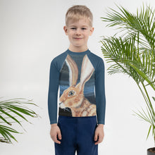 Load image into Gallery viewer, Kids Jack Rabbit Print Blue Rash Guard Whimsy Fit Bunny Mix and Match Matching Mom