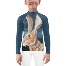 Load image into Gallery viewer, Kids Jack Rabbit Print Blue Rash Guard Whimsy Fit Bunny Mix and Match Matching Mom