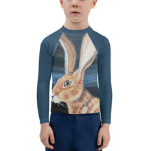 Load image into Gallery viewer, Kids Jack Rabbit Print Blue Rash Guard Whimsy Fit Bunny Mix and Match Matching Mom