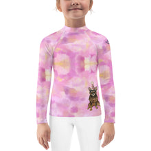 Load image into Gallery viewer, Girls Pink Rash Guard SPF Swim Shirt Dog Print Whimsy Fit “Party Dog”