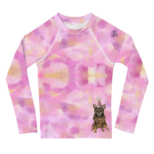 Load image into Gallery viewer, Girls Pink Rash Guard SPF Swim Shirt Dog Print Whimsy Fit “Party Dog”