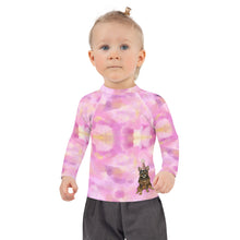 Load image into Gallery viewer, Girls Pink Rash Guard SPF Swim Shirt Dog Print Whimsy Fit “Party Dog”