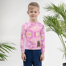 Load image into Gallery viewer, Girls Pink Rash Guard SPF Swim Shirt Dog Print Whimsy Fit “Party Dog”