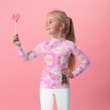 Load image into Gallery viewer, Girls Pink Rash Guard SPF Swim Shirt Dog Print Whimsy Fit “Party Dog”