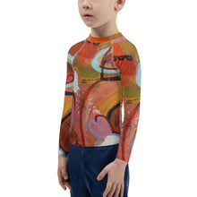 Load image into Gallery viewer, Kids Orange Red Abstract Print Rash Guards Whimsy FIt Mix and Match “Circles in the Sand” Matching Mom