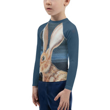 Load image into Gallery viewer, Kids Jack Rabbit Print Blue Rash Guard Whimsy Fit Bunny Mix and Match Matching Mom