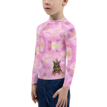 Load image into Gallery viewer, Girls Pink Rash Guard SPF Swim Shirt Dog Print Whimsy Fit “Party Dog”