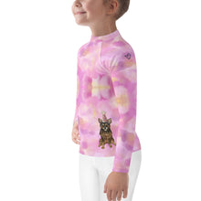 Load image into Gallery viewer, Girls Pink Rash Guard SPF Swim Shirt Dog Print Whimsy Fit “Party Dog”