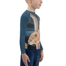 Load image into Gallery viewer, Kids Jack Rabbit Print Blue Rash Guard Whimsy Fit Bunny Mix and Match Matching Mom